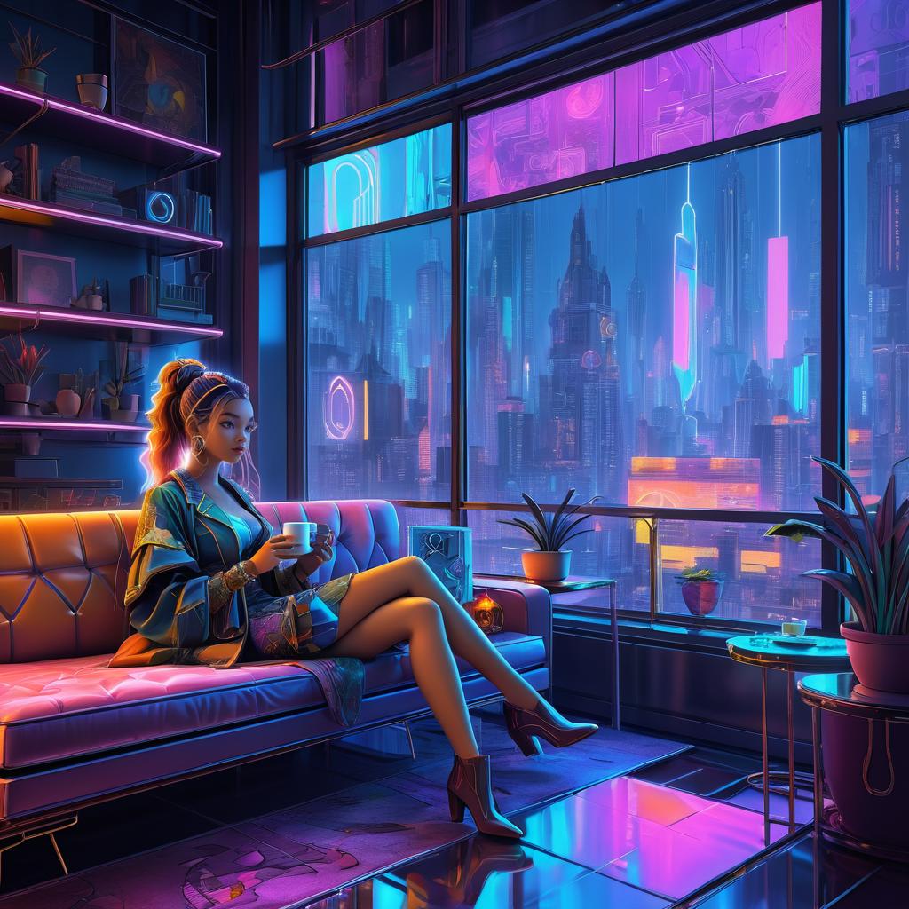 Cozy Cyberpunk Scene with Robotic Rabbit