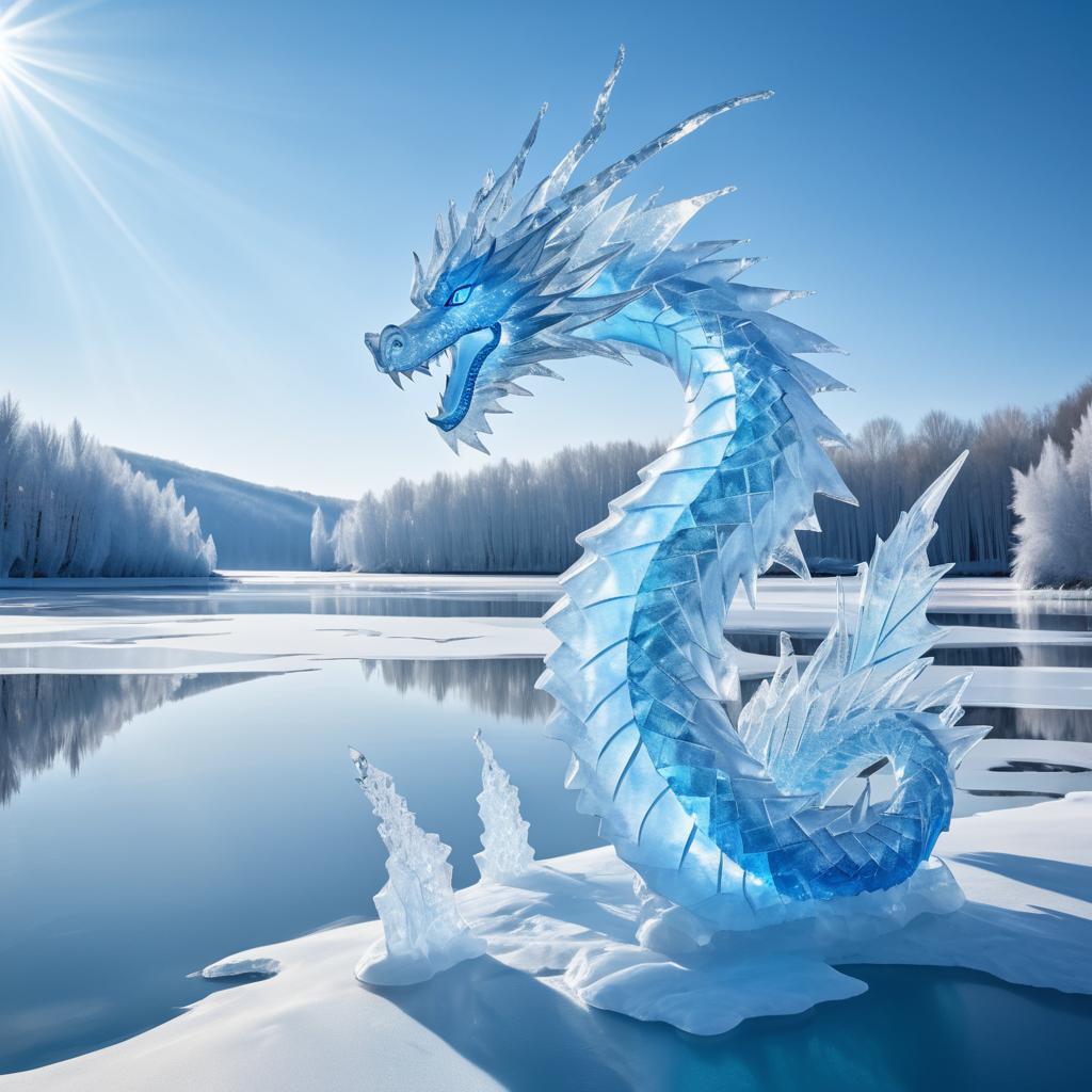 Life-Sized Ice Dragon Emerges by Lake