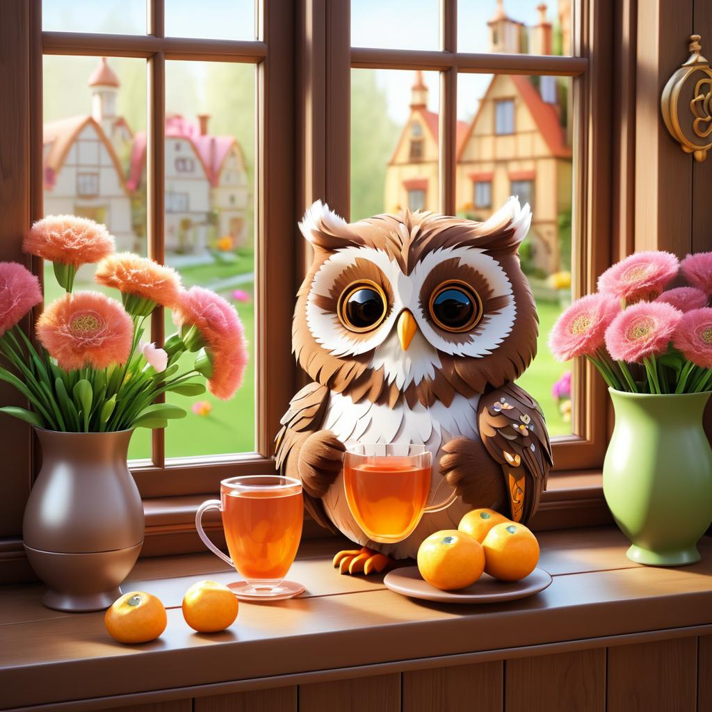 Whimsical Owl Enjoying Cider on Windowsill