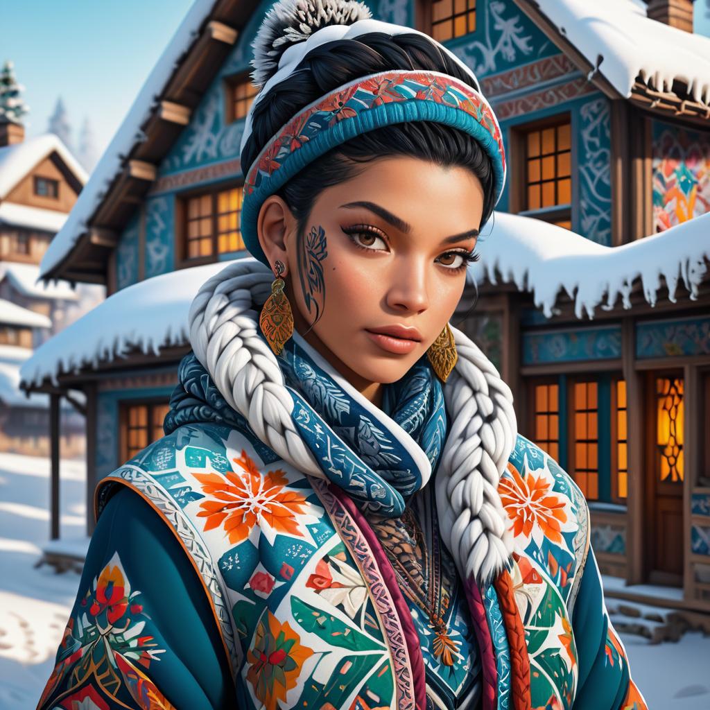 Intricate Tattooed Woman in Snowy Village