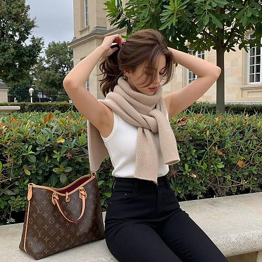 Woman Styling Hair Outdoors with Designer Bag