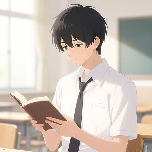 Anime-style digital drawing of a black-haired, fair-skinned boy in a white shirt and black tie, reading a book in a bright classroom.