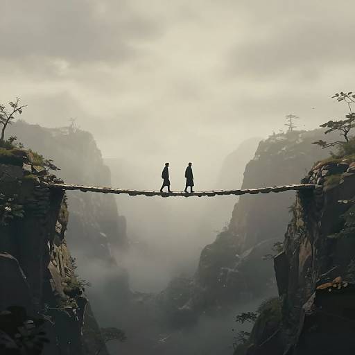 Silhouetted couple walking on a narrow, rocky suspension bridge between misty, towering cliffs in a moody, foggy landscape. Digital art