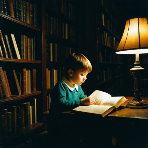 Child Reading in Antique Library with Lamp Light
