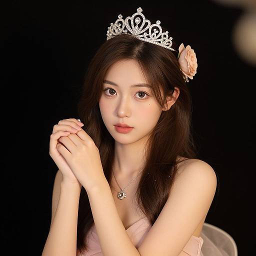 Photograph of an East Asian woman with long black hair, wearing a sparkling silver tiara, pink flower hairpiece, and pink dress, against a