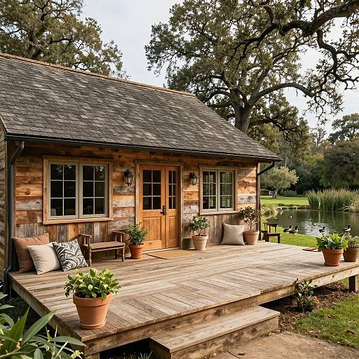Rustic wooden cabin with shingle roof, wooden door, and windows, on a spacious deck with potted plants, overlooking a serene lake and