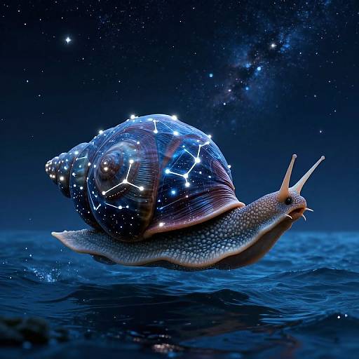 Photorealistic CGI of a glowing snail with a starry shell, moving across a dark, starry ocean under a cosmic sky.