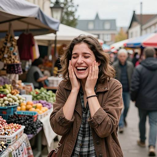Photograph of a smiling young woman with wavy brown hair, hands on cheeks, wearing a brown jacket and plaid shirt, standing at a colorful