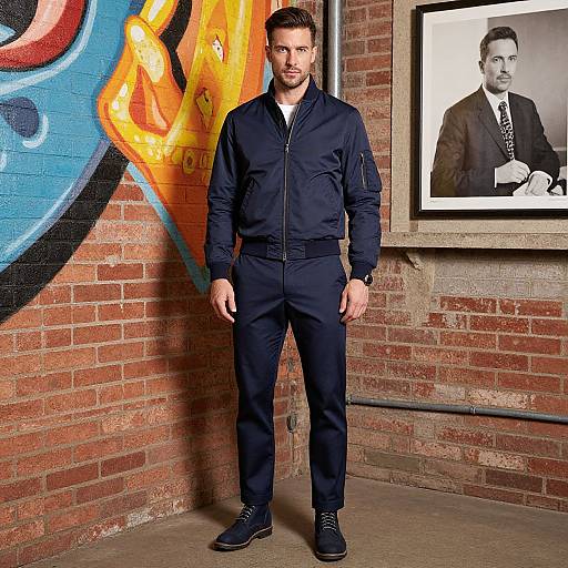 Photograph of a man with short brown hair, wearing a navy zip-up jacket and pants, black shoes, standing against a brick wall with graffiti and