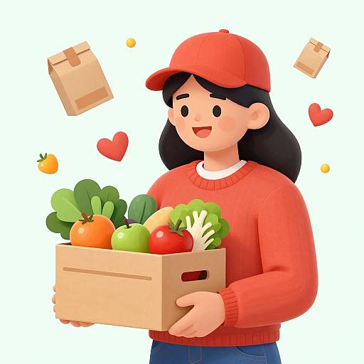 Cheerful Cartoon Woman with Produce