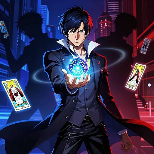 Digital anime-style illustration of a blue-haired man in a dark suit, casting a glowing blue magical orb in a neon-lit city, surrounded by floating