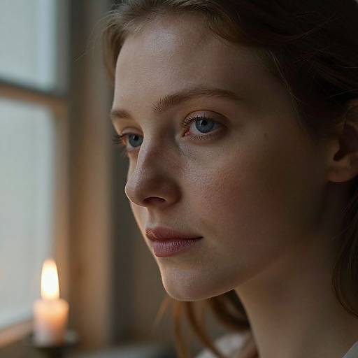 Close-up photograph of a fair-skinned woman with blue eyes, light brown hair, and subtle makeup, looking pensively to the left. Background includes
