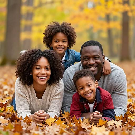 Joyful African-American Family in Autumn Forest