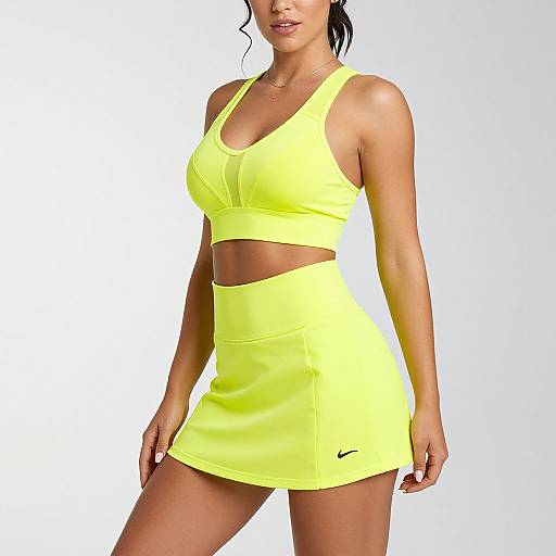 Photograph of a fit woman with tan skin, black hair, wearing a bright yellow sports bra and mini-skirt, showing midriff, white