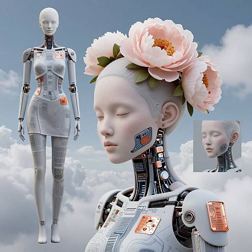 CGI image of a white, robotic humanoid with pink flower hairpiece, intricate circuitry, and orange circuit labels, standing against a cloudy sky.