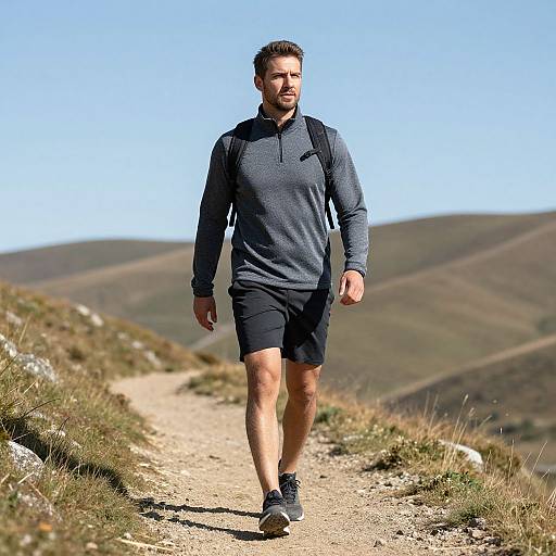 Photograph of a muscular man with short brown hair, wearing a gray long-sleeve shirt, black shorts, and backpack, walking on a sunny
