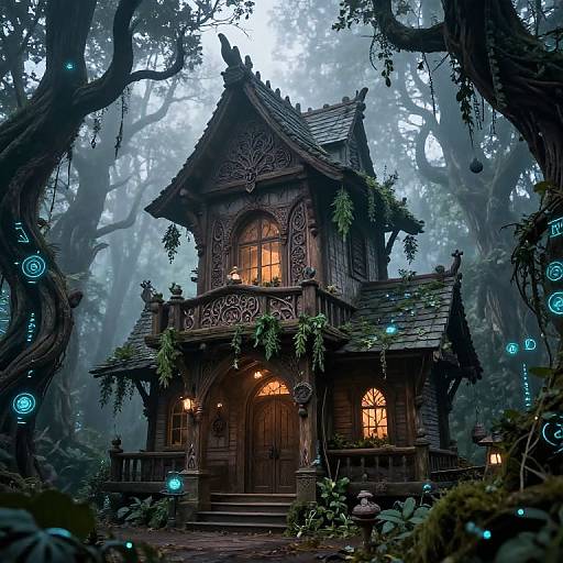 Enchanted, wooden fairy-tale cottage with intricate carvings, glowing windows, surrounded by mystical forest, glowing blue orbs, and misty