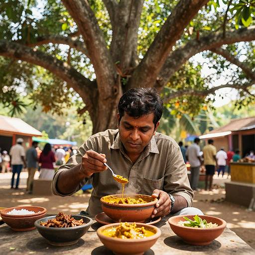 Indian Man Enjoying Curry Outdoors