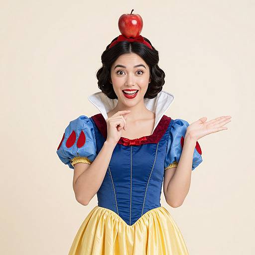 Photograph of a smiling Asian woman in a blue and yellow Snow White costume with red apple on her head, white collar, and red bow, against
