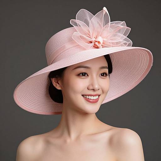 Photograph of an Asian woman with fair skin, smiling, wearing a pink, wide-brimmed hat with a large, sheer flower adornment,