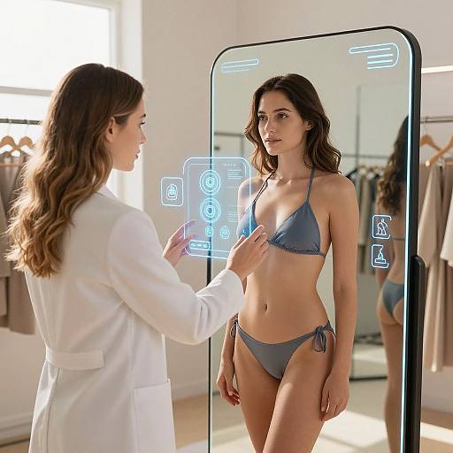 Photograph of a woman in a white lab coat using a smart mirror to analyze a woman in a gray bikini, with neon icons overlaying the mirror