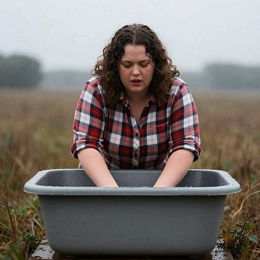 Chubby Woman in Rainy Field Scene