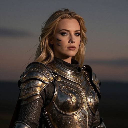 Photograph of a blonde woman with wavy hair, wearing ornate, golden medieval armor, standing against a twilight sky, with a serious expression and