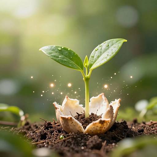 Photograph of a young green plant sprouting from a cracked eggshell, surrounded by soil and tiny sparkles, with a blurred green background.
