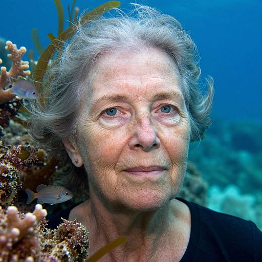 Photograph of an elderly woman with gray hair, blue eyes, and fair skin, underwater surrounded by coral and seaweed, looking thoughtfully upward.