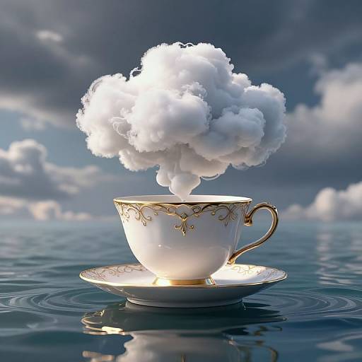 Photorealistic digital artwork of a white teacup with gold trim, floating on water, emitting large, fluffy clouds of steam. Blue sky and