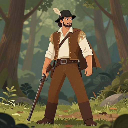 Cartoon-style digital drawing of a bearded man in a brown vest, white shirt, black hat, and brown pants, holding a rifle in a