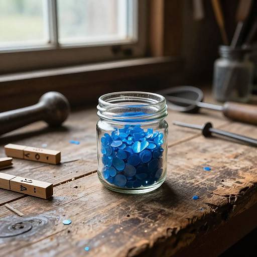 Photograph of a rustic wooden table with a glass jar filled with blue paper circles, surrounded by wooden ABC blocks and tools, lit by natural light from