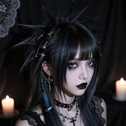 Gothic woman with black hair, spiked hairpins, black lipstick, cross earrings, and necklace, illuminated by soft candlelight, dark background.