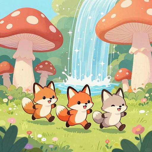 Cute Fox Characters Playing in Magical Forest