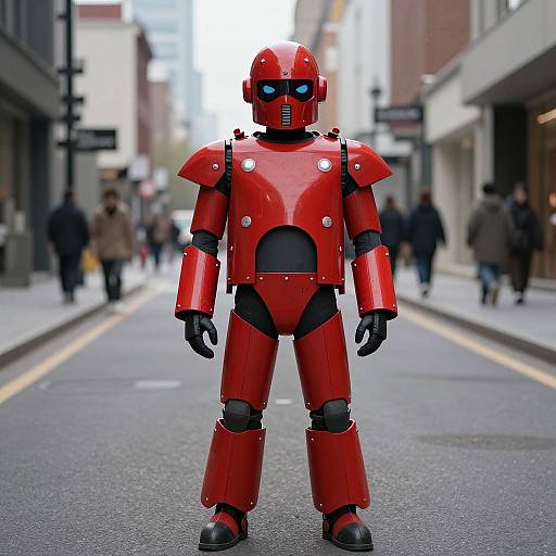 Photograph of a bright red, glossy robot with blue glowing eyes standing in a city street, with blurred pedestrians in the background.