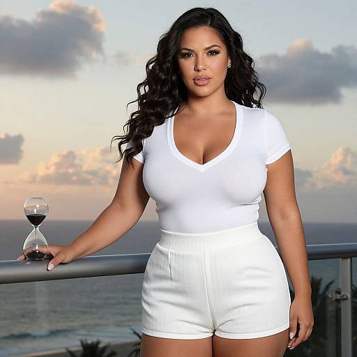 Photograph of a curvy woman with long, wavy black hair, wearing a white V-neck top and shorts, standing on a balcony at sunset