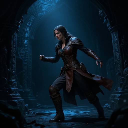 Digital artwork of a fierce, dark-haired woman in armored leather, poised in a blue-lit, ancient ruin archway, ready to strike.