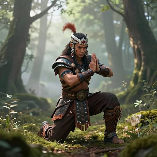 Kneeling Tribal Warrior in Misty Forest