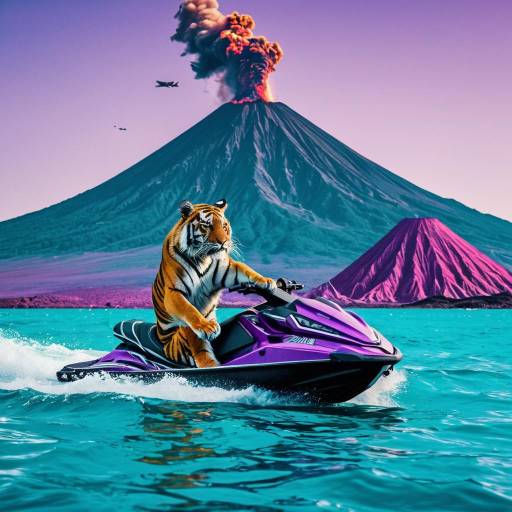 Tiger Riding Jet Ski with Erupting Volcano