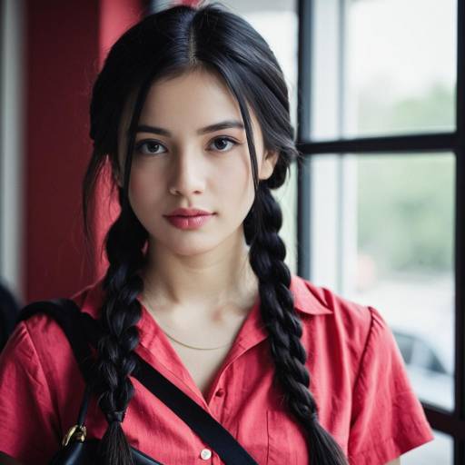 Young Woman with Braided Hair in Red Shirt