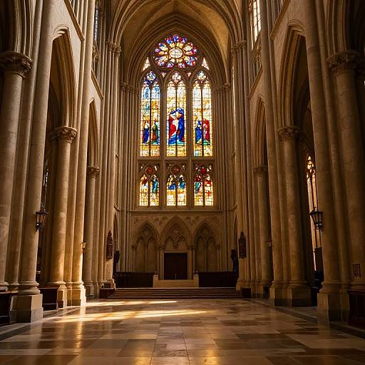 Photograph of a grand Gothic cathedral interior with tall arches, sunlight streaming through vibrant, detailed stained glass windows, casting warm, dramatic shadows on polished