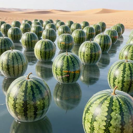 Photograph of numerous green-striped watermelons floating in still water, reflecting sunlight, with a sandy desert background in the distance.