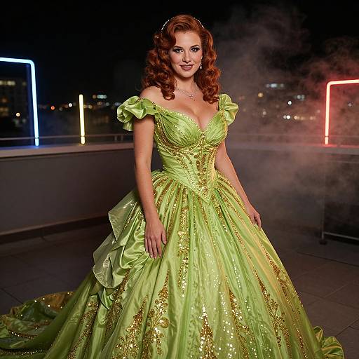 Photograph of a red-haired woman in a neon green, off-shoulder, sparkling ball gown on a rooftop at night, illuminated by neon lights