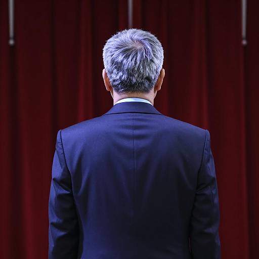 Man in Suit Facing Red Curtain