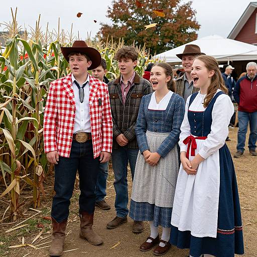 Photograph of five young adults in rustic, autumnal attire, standing in a cornfield. Four wear traditional dresses, one in a red-checkered