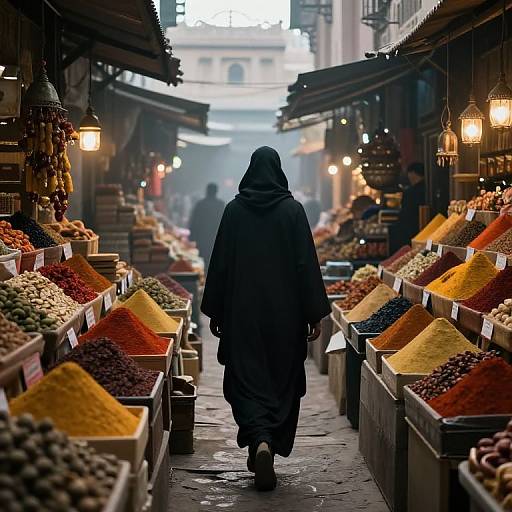 Photograph of a person in a black hooded cloak walking down a colorful spice market aisle, flanked by vibrant, stacked spices under warm, lantern