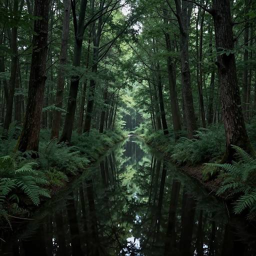 Photograph of a dense, verdant forest with tall, slender trees, lush ferns, and a reflective, calm stream in the center.