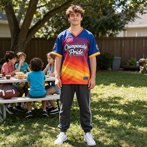 Photograph of a young boy in a colorful 