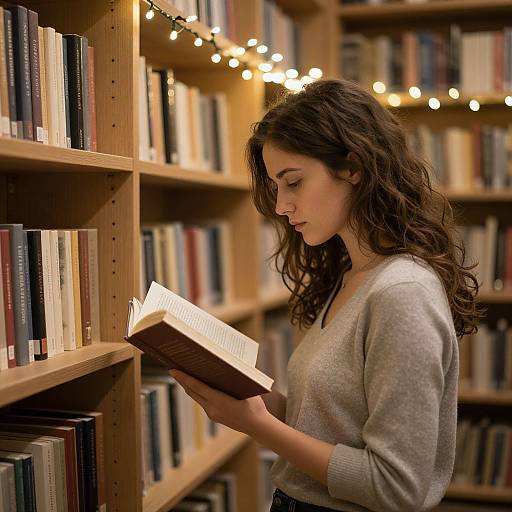 Photograph of a young woman with wavy brown hair, wearing a gray sweater, reading a book in a warmly lit library. Bookshelves filled