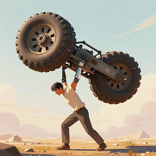 Digital illustration of a man in a white shirt and gray pants lifting a large off-road vehicle with massive tires over his head in a desert landscape.